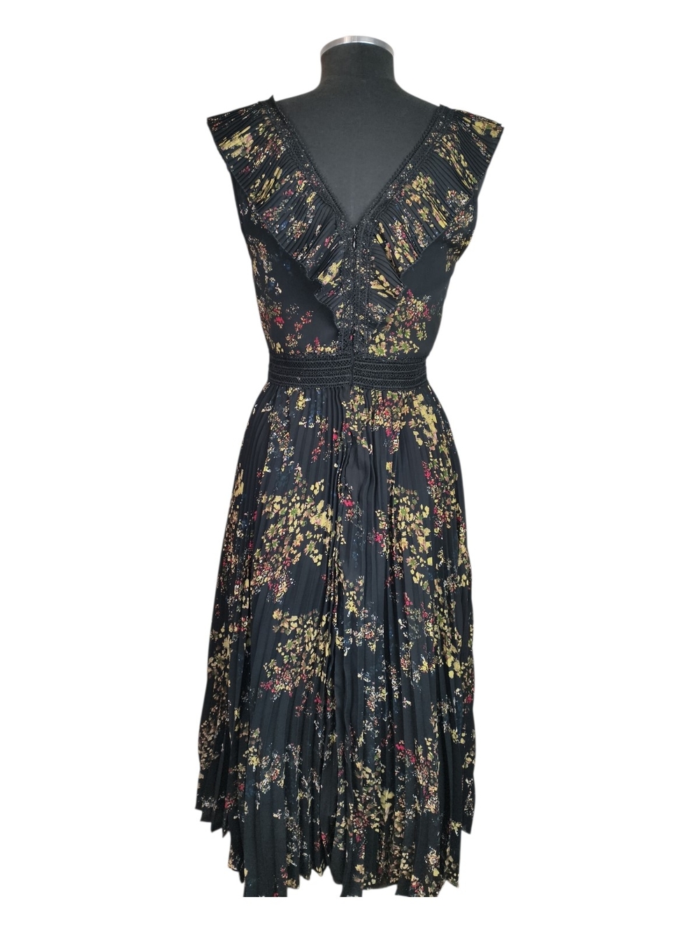 Occasion by Dex Women’s M V Neck Black Floral Pleated Dress Raffles Lace Trim - Picture 2 of 10